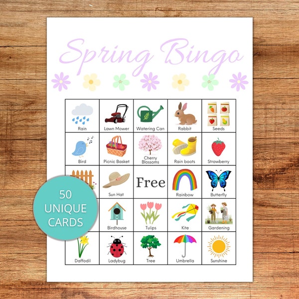 Bingo du printemps, jeu de bingo du printemps à imprimer, 50 cartes de bingo du printemps