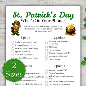 St. Patrick's Day What's On Your Phone Game, St Patricks Day Party Game, St Pattys Day Game, St Patricks Day Printable, Group Game
