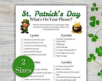 St. Patrick's Day What's On Your Phone Game, St Patricks Day Party Game, St Pattys Day Game, St Patricks Day Printable, Group Game