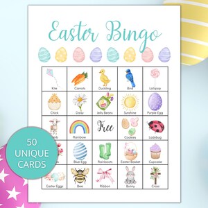 Bingo de Pâques, jeu de bingo de Pâques à imprimer, 50 cartes de bingo de Pâques