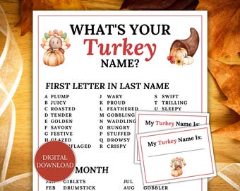 What's Your Turkey-naamspel, Thanksgiving-games voor familie, leuk Thanksgiving-afdrukbaar spel, direct downloaden