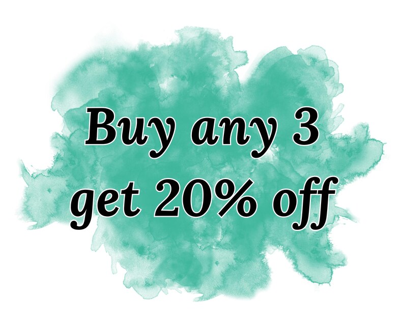 May include: A teal watercolor background with the text "Buy any 3 get 20% off" in black.