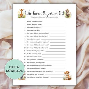 Who Knows the Parents Best Baby Shower Game Printable, Who Knows the Parents Baby Shower Game, Co-Ed Baby Shower, Safari Animal Baby Shower