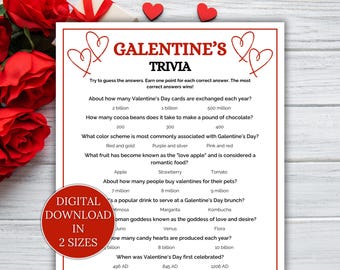 May include: A Valentine's Day trivia game with the title "Galentine's Trivia" in red. The game includes questions about Valentine's Day, with answer choices. A red circle with white text reads "Digital Download in 2 Sizes".