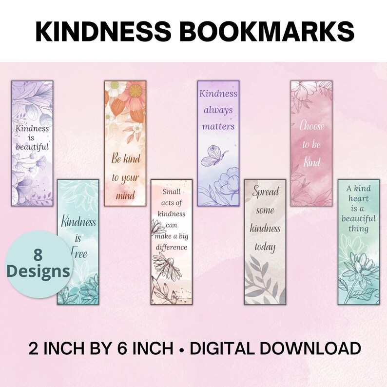 Set of 8 Kindness Bookmarks, Printable Kindness Bookmarks, Digital ...