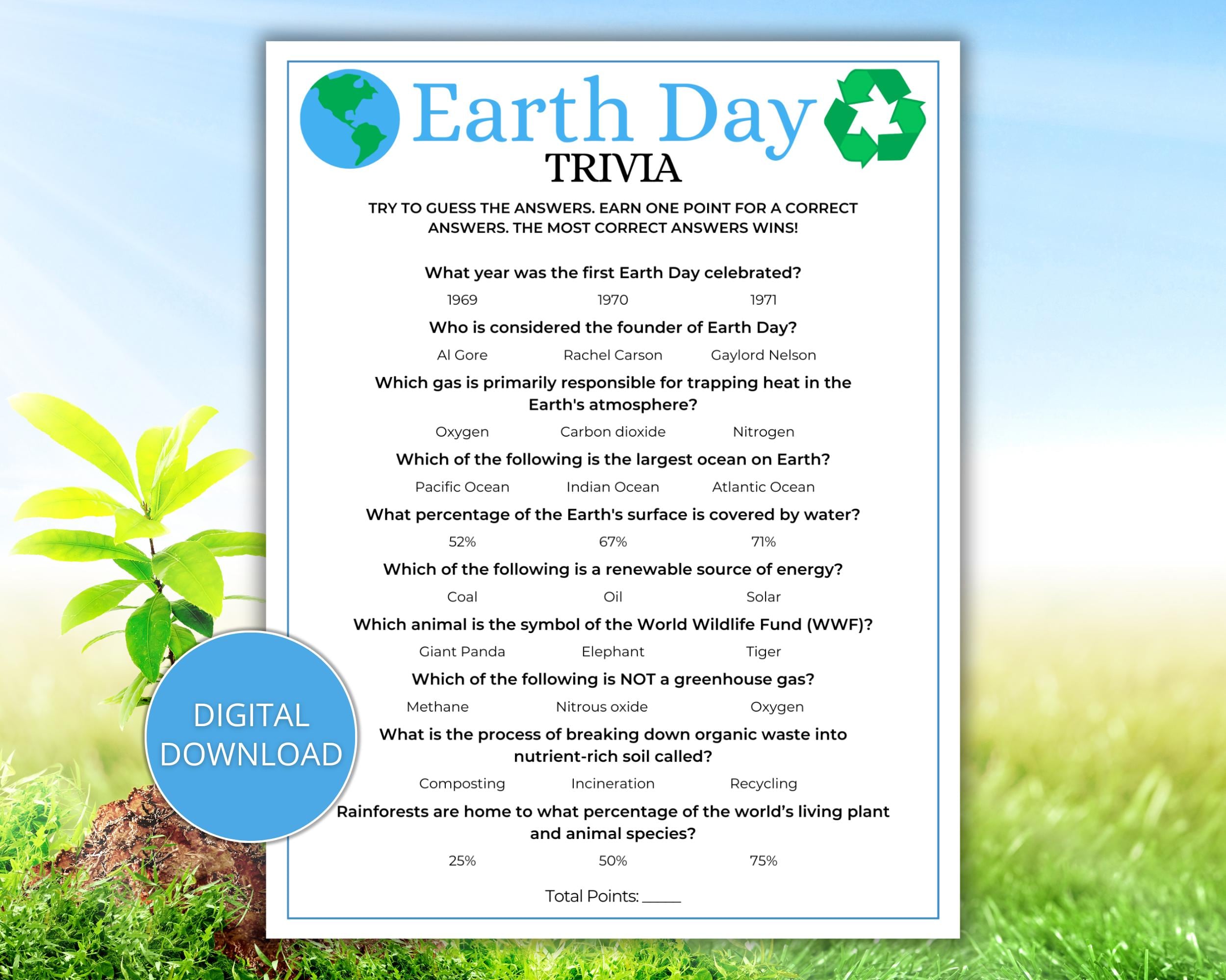 Earth Day Trivia Game, Earth Day Game, Earth Day Group Game, Instant Download