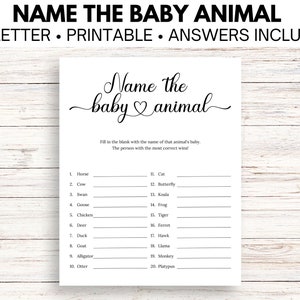 Baby Animal Game, Name the Baby Animal Baby Shower Game Printable