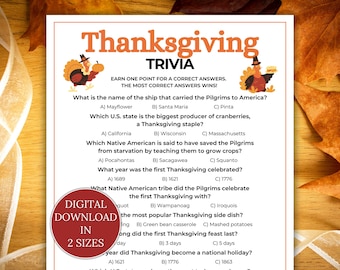 Thanksgiving Trivia Game, Thanksgiving Games for Family, Fun Thanksgiving Printable Game, Thanksgiving Quiz, Printable Party Game