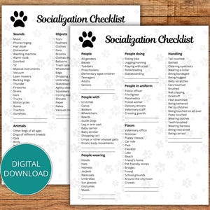 May include: A black and white printable socialization checklist for dogs. The checklist includes categories for sounds, objects, people, people with disabilities, people doing activities, people in uniform, handling, places, and animals. The checklist is designed to help dog owners socialise their puppies.