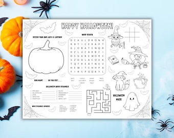 Halloween Activity Placemat, Printable Halloween Coloring Page, Halloween Kids Activity Sheet Placemat, Halloween Activity Page