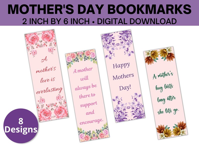 Set of 8 Mother's Day Bookmarks Digital Bookmarks to Etsy