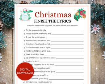 Paroles de chanson Christmas Finish the Christmas, Jeu de fête de Noël, Jeu de Noël à imprimer, Jeu de chants de Noël, Jeu de chansons de Noël, Quiz sur Noël