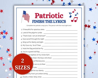 Patriotic Finish the Lyrics, Memorial Day Finish the Lyrics, 4th of July Game, Labor Day Game, Patriotic Trivia, Patriotic Printable Game