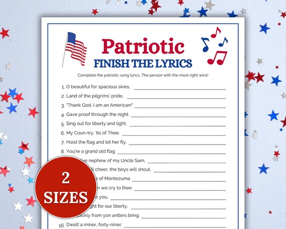 Patriotic Finish the Lyrics, Memorial Day Finish the Lyrics, 4th of July Game, Labor Day Game, Patriotic Trivia, Patriotic Printable Game