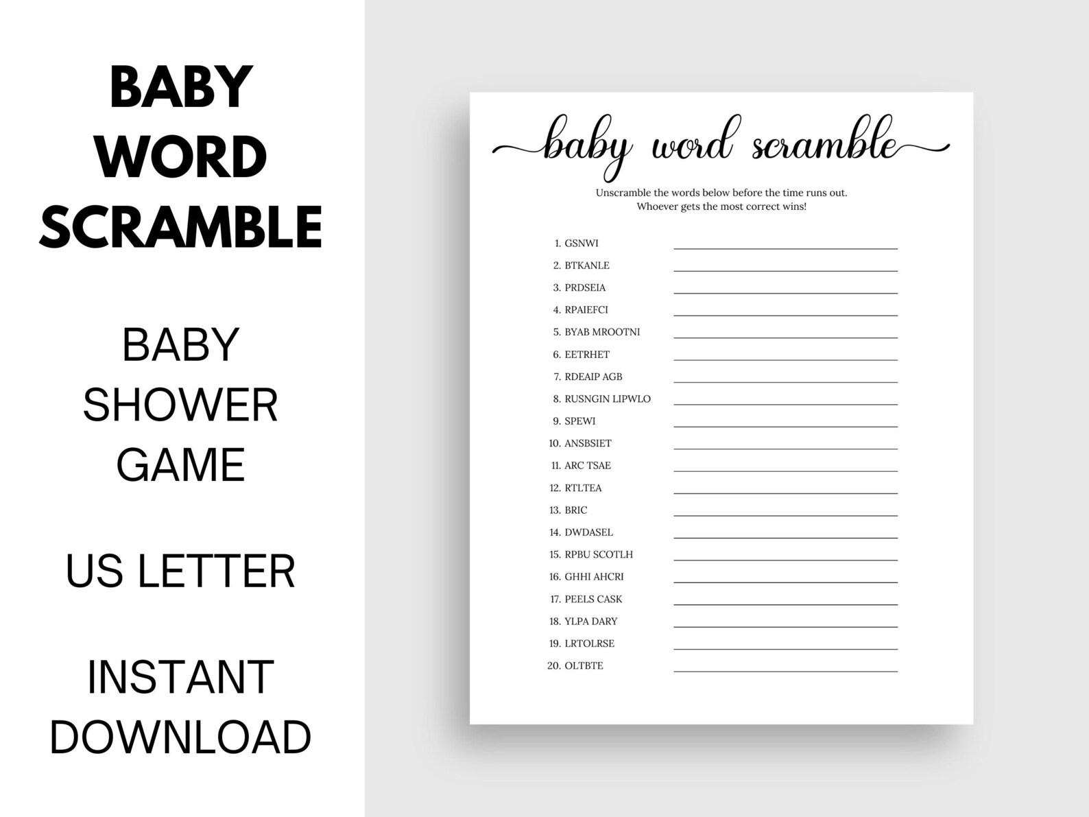 Baby Shower Word Scramble With Answer Key, Baby Shower Word Game, Baby