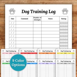 Puede incluir: Un registro de entrenamiento para perros blanco con gráficos de huellas de patas y el título "Dog Training Log". El registro incluye secciones para la fecha, el comando, el número de intentos, las notas y la calificación. Hay nueve opciones de color disponibles.