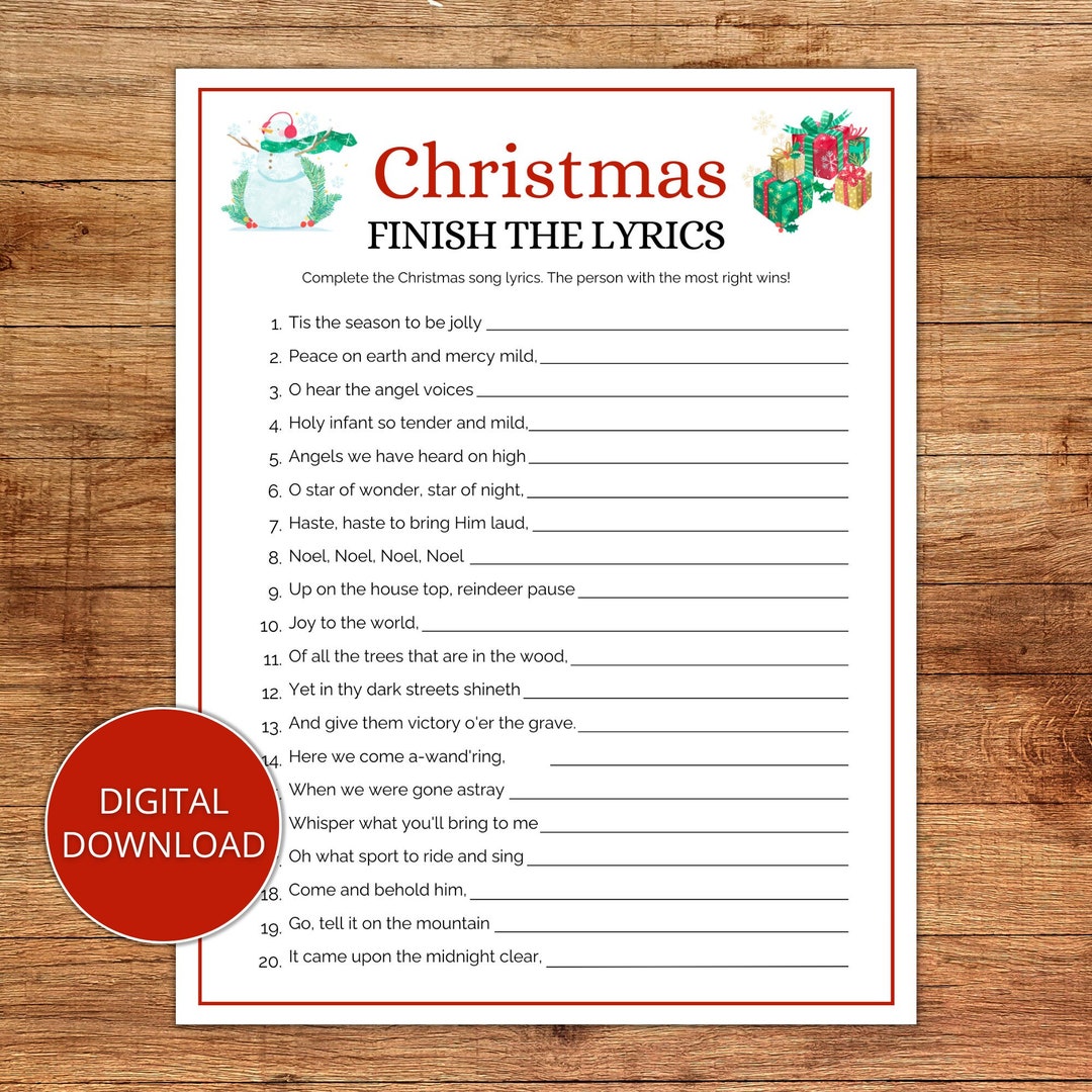 Christmas Finish the Lyrics, Christmas Party Game, Christmas Printable ...