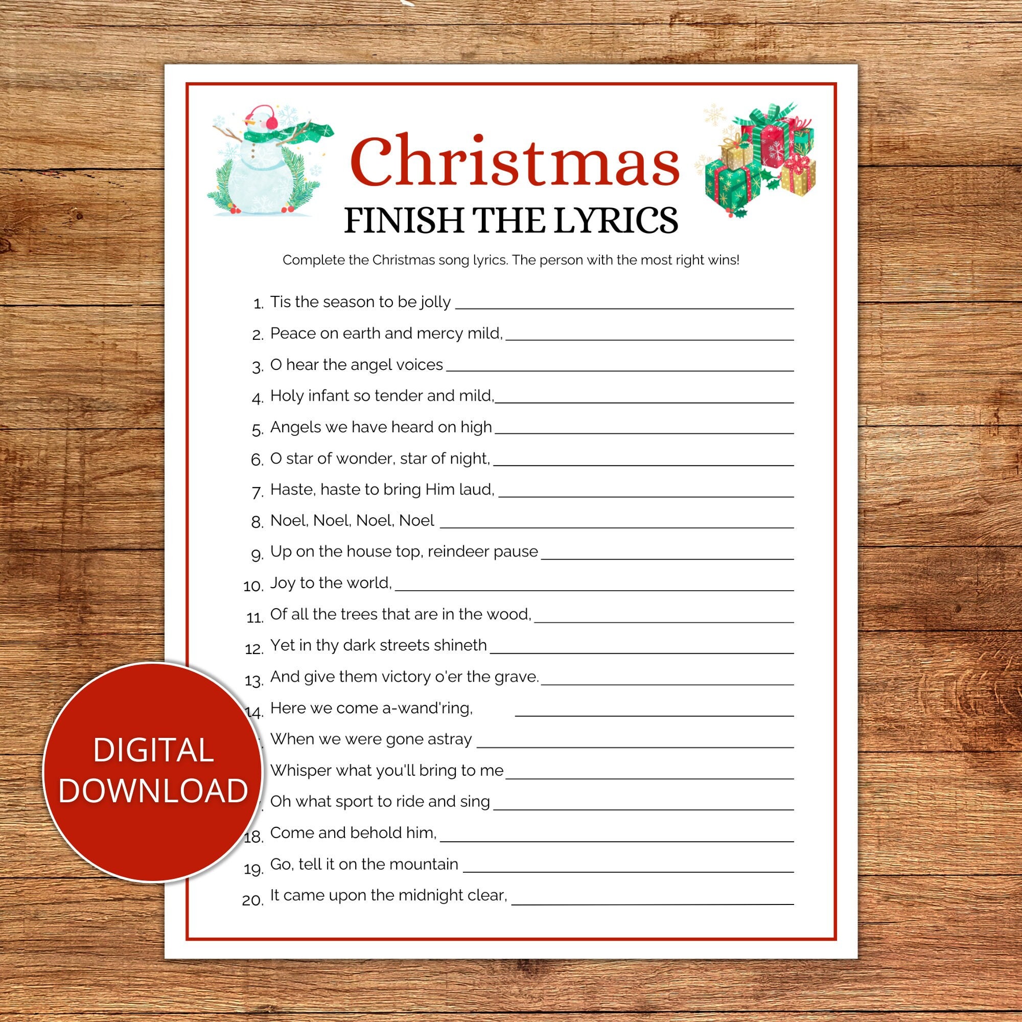 Christmas Finish the Lyrics Christmas Party Game Christmas Printable Christmas Finish the Lyrics Christmas Party Game Christmas Printable