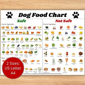 以下が含まれることがあります： 「Dog Food Chart」というタイトルと足跡が付いた犬用フードチャート。犬にとって安全で安全でない果物、野菜、その他の食品がリストされています。赤い円は利用可能なサイズを示しています：US LetterとA4。