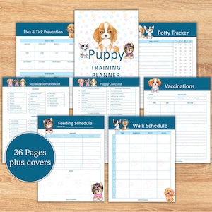 May include: A printable puppy training planner with 36 pages plus covers. The planner includes sections for socialization, vaccinations, feeding schedule, walk schedule, potty tracker, flea and tick prevention, and a puppy checklist.
