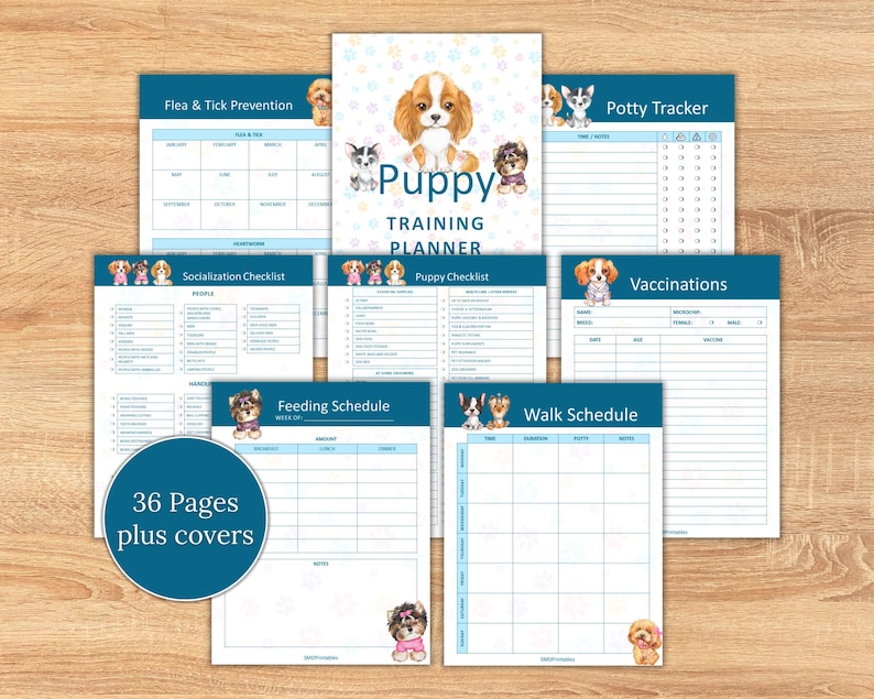 May include: A printable puppy training planner with 36 pages plus covers. The planner includes sections for socialization, vaccinations, feeding schedule, walk schedule, potty tracker, flea and tick prevention, and a puppy checklist.