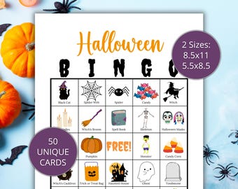 May include: Halloween Bingo game card with orange and black graphics. The card features Halloween-themed images like a black cat, spider web, and pumpkin. Text on the card includes "Halloween Bingo", "2 Sizes", and "50 Unique Cards".