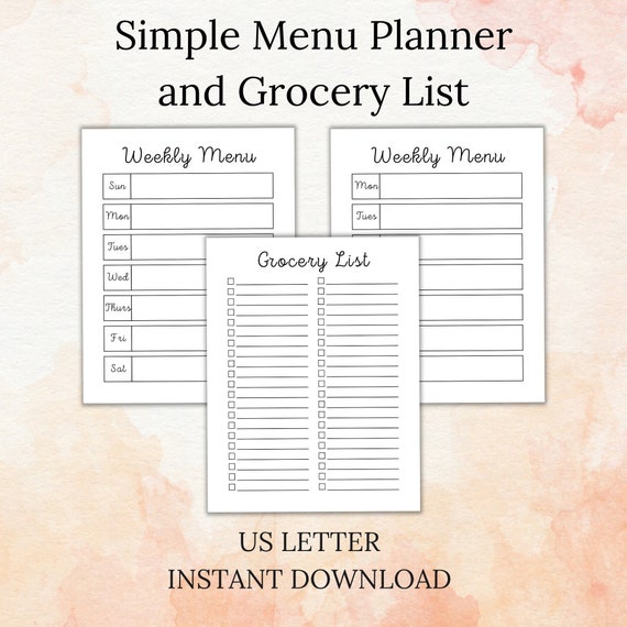 Printable Menu Planner and Grocery List - Etsy
