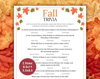 Fall Trivia Game, Autumn Trivia Game, Fall Printable Game, Thanksgiving Trivia, Thanksgiving Quiz, Games for Adults, Games for Seniors