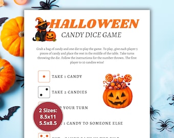 以下が含まれることがあります： オレンジ色のテキストとイラストが特徴の、ハロウィーンキャンディーダイスゲームの印刷可能ファイル。ゲームには、指示、サイコロの指示、カボチャのグラフィックが含まれています。サイズは21.6 x 27.9 cmと14 x 21.6 cmで利用できます。楽しいハロウィーンアクティビティに最適です。