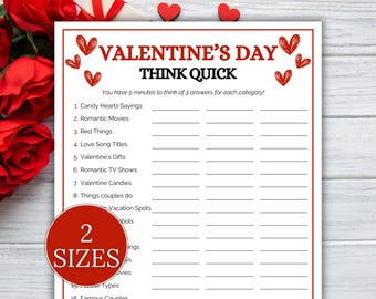 Valentine's Day Think Quick Game, Valentines Party Game, Valentine's Printable Game, Family Reunion Game, Ice Breaker Games, Galentines Game
