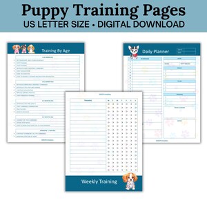 May include: Printable puppy training pages in US letter size. Includes a daily planner, training by age, and weekly training checklists.  Each page features a cute cartoon puppy.
