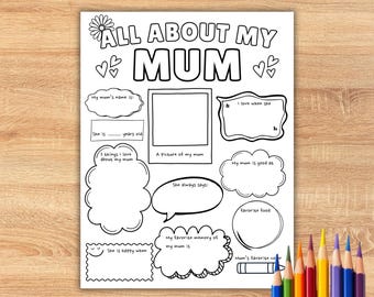 All About Mum Printable, All About My Mum Mother's Day Gift, Mother's Day Craft, All About Mom Coloring Page, All About Mum Activity Page