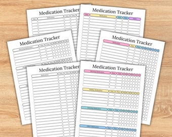 May include: A collection of medication tracker sheets. Each sheet is white with black text and a grid layout for tracking medication details. Some sheets have colored headers, including pink, yellow, and blue. The title "Medication Tracker" is prominently displayed.