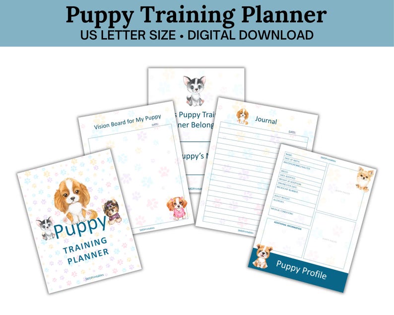 May include: Printable puppy training planner with a vision board, journal, puppy profile, and training tips. The planner features a cute cartoon puppy on the cover.
