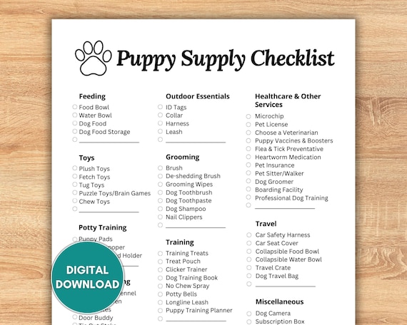 New Puppy Checklist, New Puppy Shopping List, Printable Puppy Checklist, New Puppy Checklist Printable, Dog Supply List, New Dog Shopping