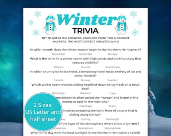 May include: A white printable trivia game sheet with a winter theme. The title "Winter Trivia" is in teal, with snowman graphics. The sheet includes questions about winter storms, sports, and the night sky. It is available in US Letter and half sheet sizes.