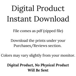 May include: Digital product instant download text with the words "File comes as pdf (zipped file)" and "Download the prints under your Purchases/Reviews section."  The text also says "Colors may vary slightly from your monitor." and "Digital Product, No Physical Product Will Be Sent."