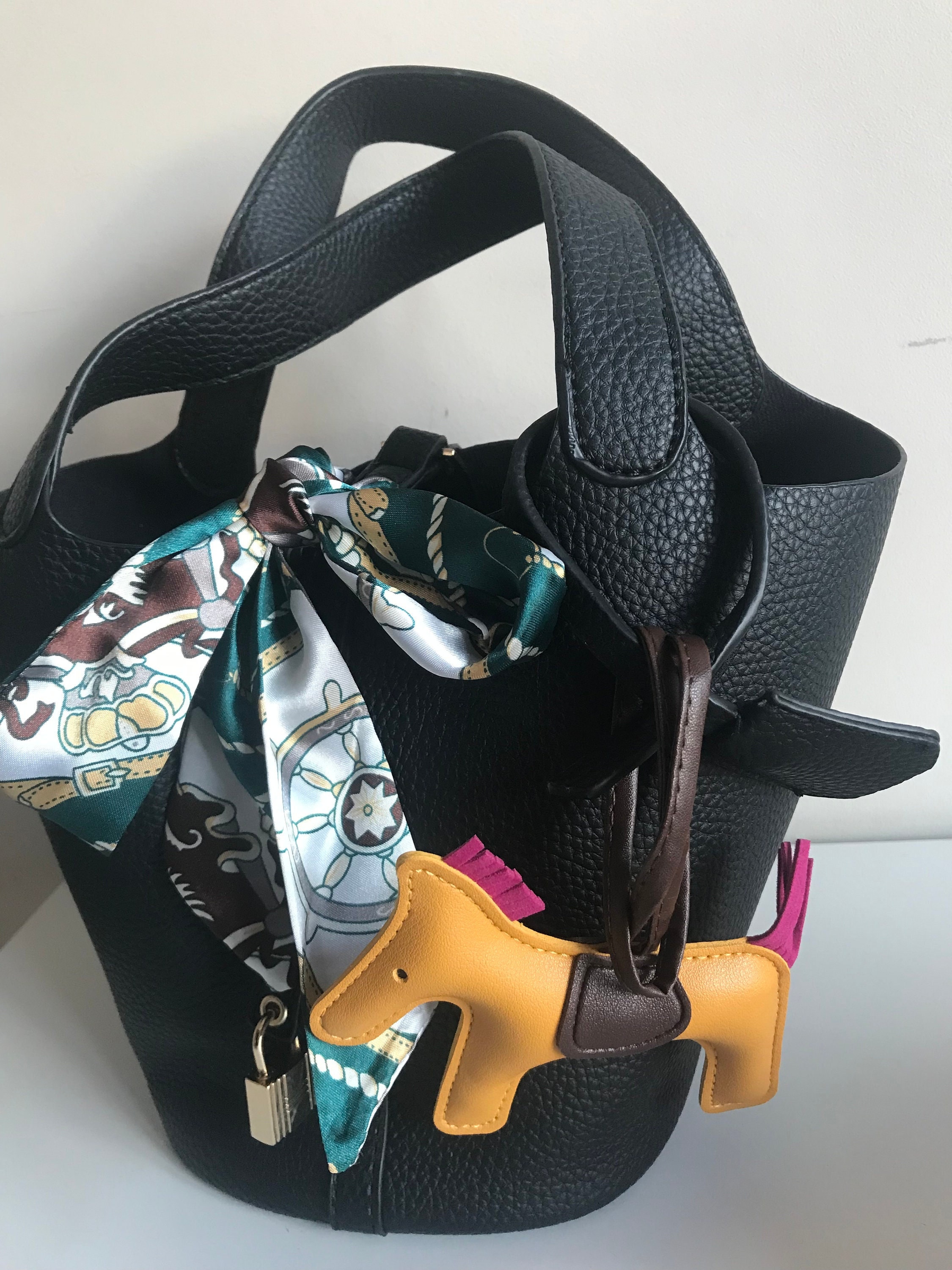 Small Bucket Handbag With Pony Charm Scarf & Handmade Zip 