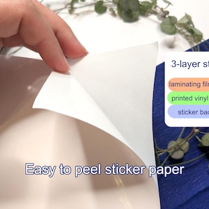 Puede incluir: Una pegatina de tres capas con pel&iacute;cula laminada mate, una pegatina de vinilo impresa y un soporte adhesivo. El papel blanco de la pegatina se est&aacute; despegando para revelar las capas. El texto dice 3-layer sticker y Easy to peel sticker paper.