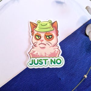 Autocollant en vinyle « Grumpy Cat » avec chapeau de grenouille