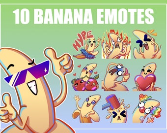 Puede incluir: Un conjunto de 10 emojis con temática de plátano con diferentes expresiones y acciones. Los emojis incluyen un plátano con gafas de sol, un plátano con un corazón, un plátano con un martillo y un plátano con un arcoíris. Los emojis están todos en un estilo de dibujos animados y son perfectos para agregar un toque de diversión a tus conversaciones en línea.