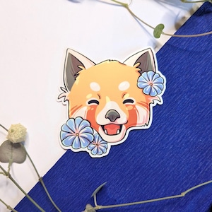 Cute Red Panda Sticker / blue Flowers / Vinyl Sticker
