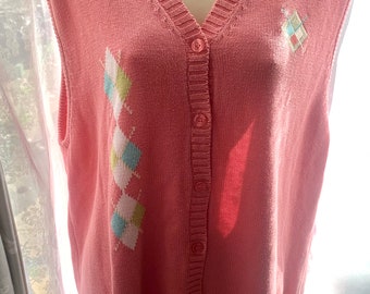 Cute Vintage Pink First Avenue Knitwear Cardigan Diamond Texture Size L