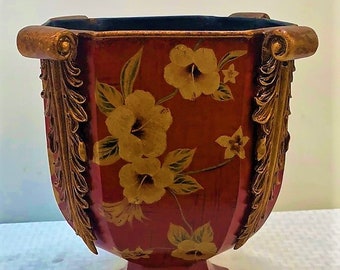 9"L Hand-Painted Vermilion Square Tole Bin & Orchid Planter