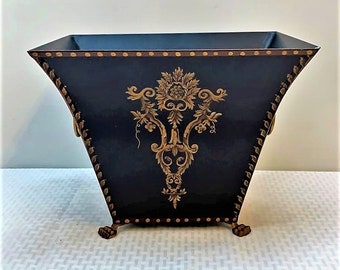 10&quot;H Hand Painted Tole Bin & Orchid Planter, Black and Special Leaves and Stems Pattern