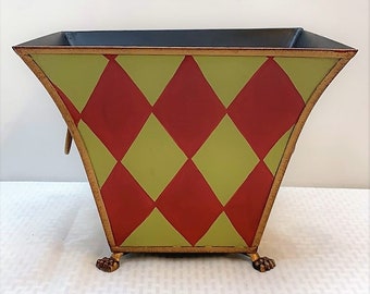 10&quot;H Hand Painted Tole Bin & Orchid Planter, Green and Red Harlequin Pattern