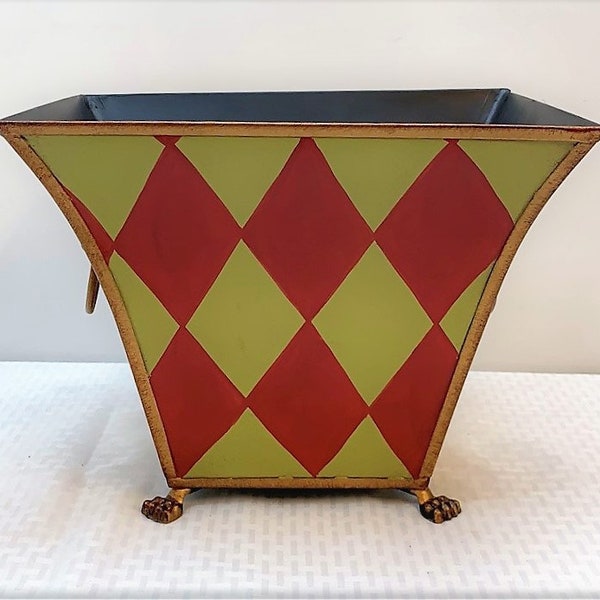 10"H Hand Painted Tole Bin & Orchid Planter, Green and Red Harlequin Pattern