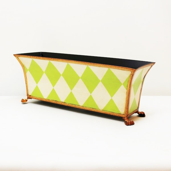 15” Hand-Painted Tole Bin & Orchid Planter, Green Harlequin Pattern