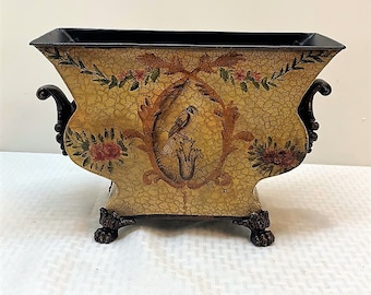 8&quot;H Hand-Painted Rectangle Light Yellow Tole Bin & Orchid Planter with Handles and Feet