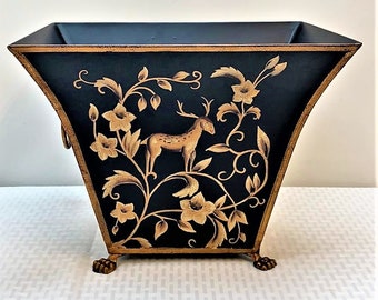 10”H Hand Painted Tole Bin & Orchid Planter, Black and Deer Pattern